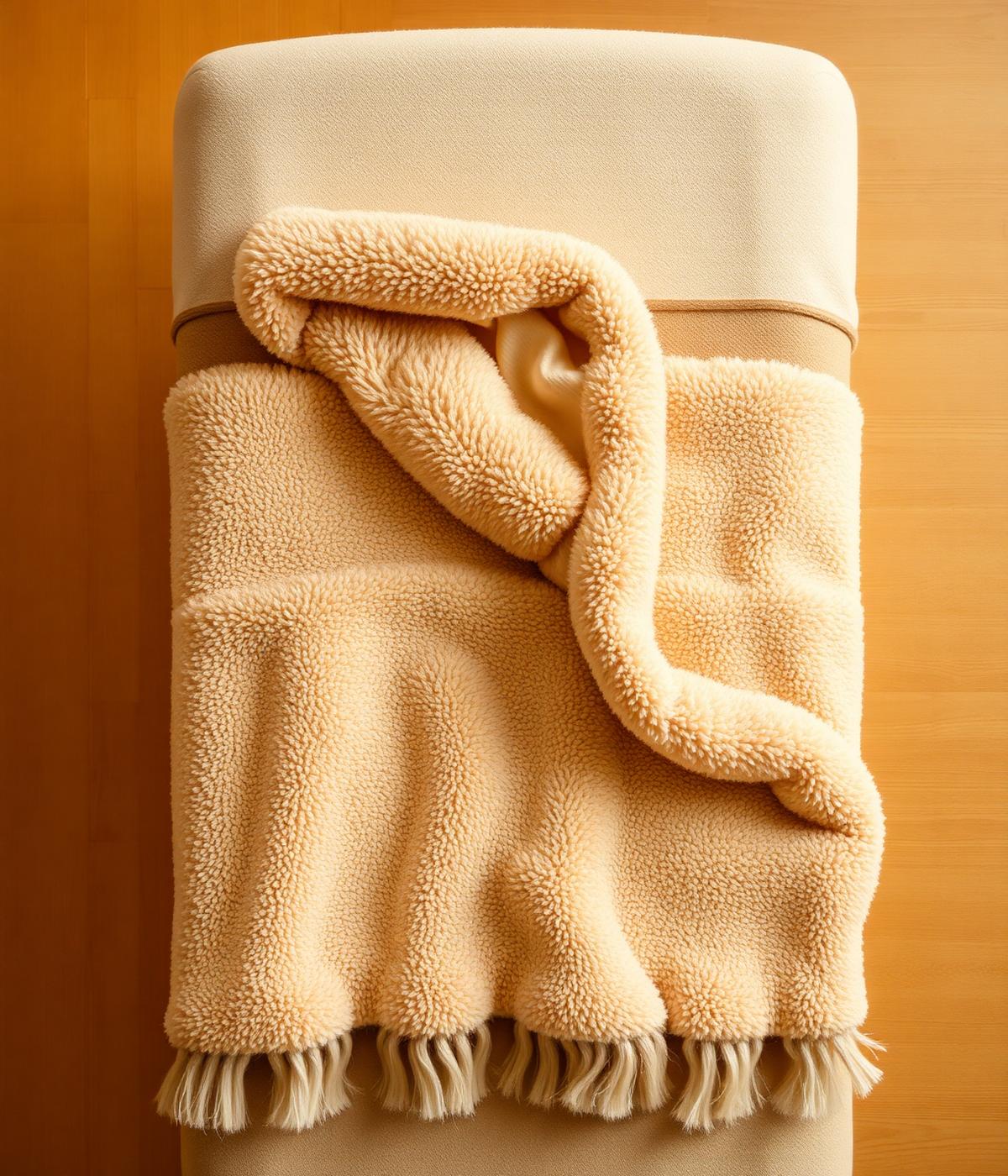 Warm fluffy blanket folded on a spa table
