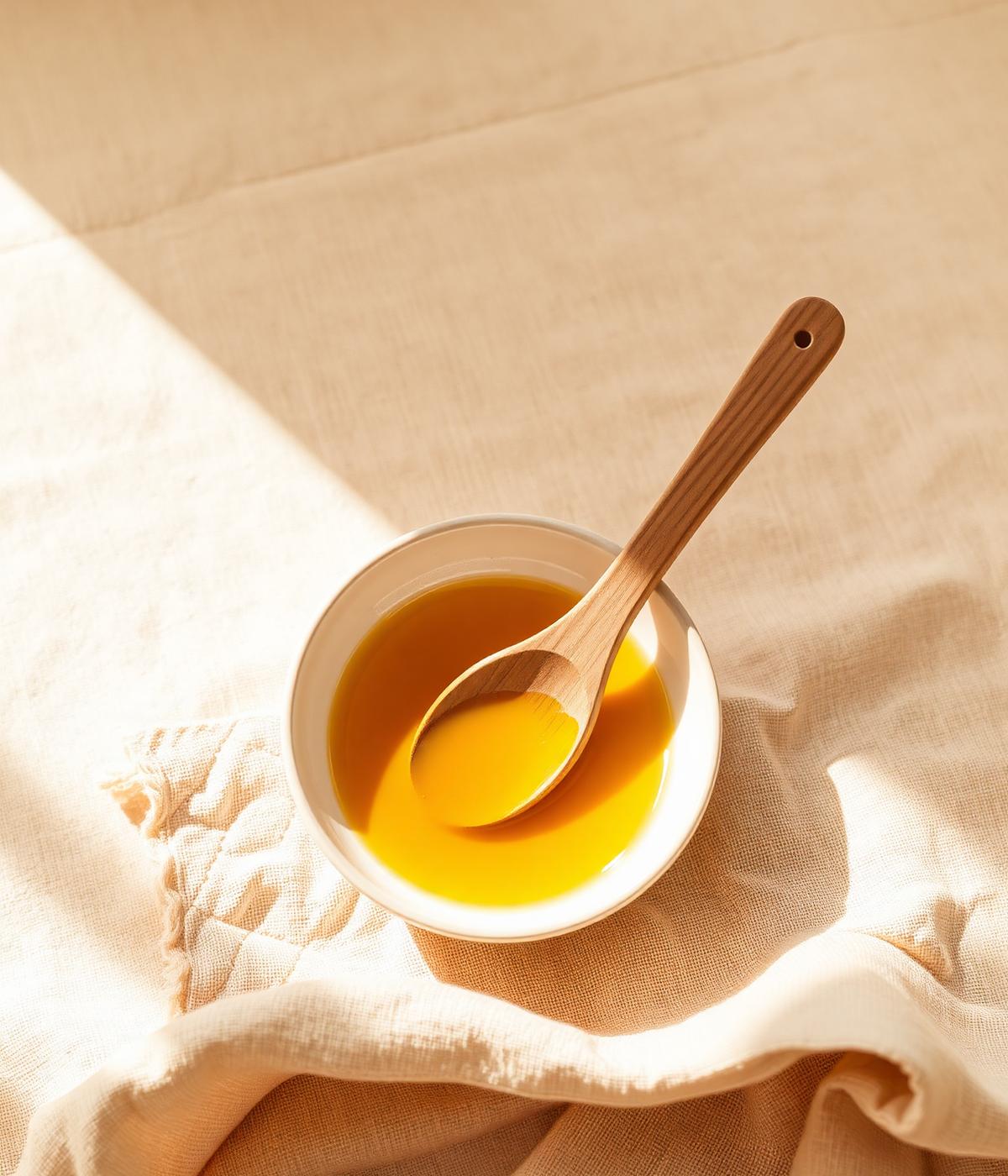 Warm oil in a ceramic bowl on soft linen